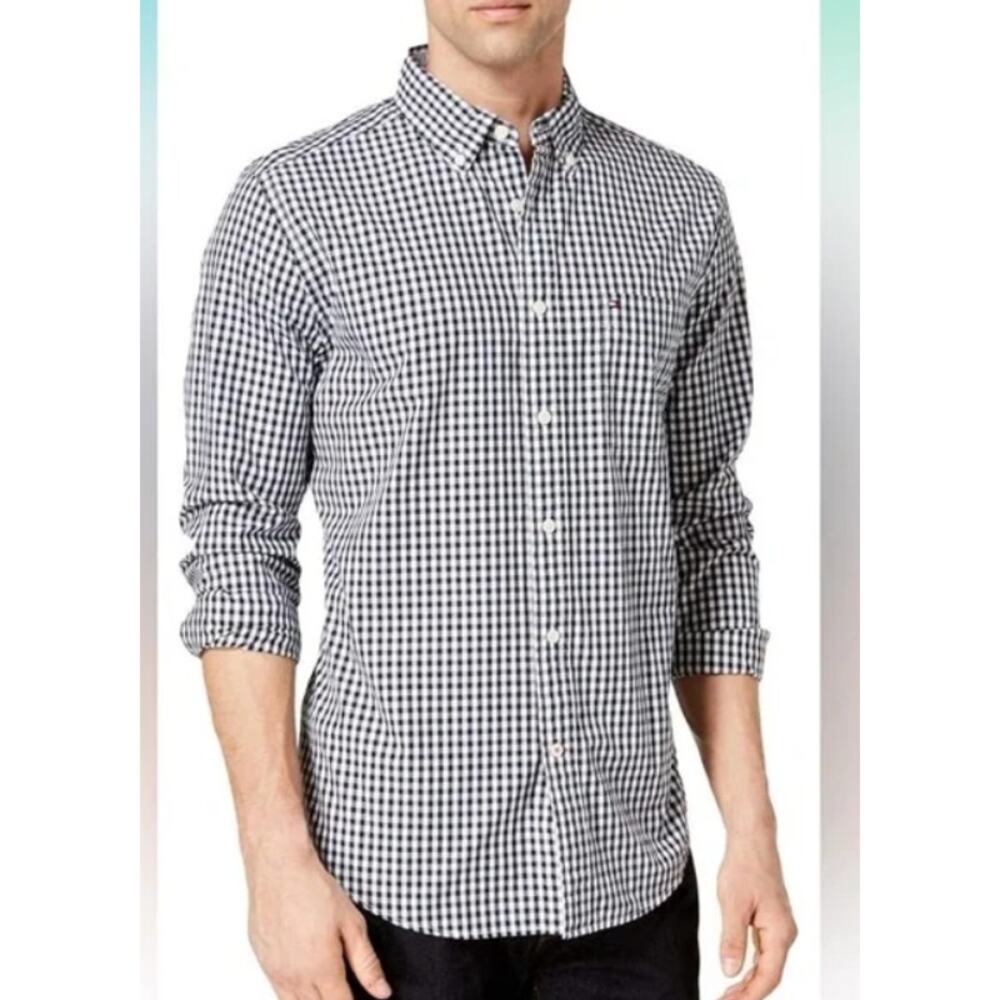 Tommy Hilfiger Navy White Gingham Check Button Down Shirt‎ Medium Classic Fit